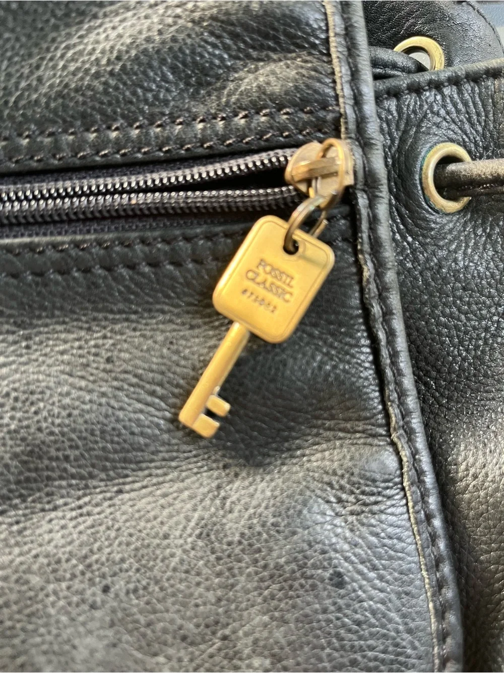 Fossil Black Pebbled Leather Drawstring Backpack